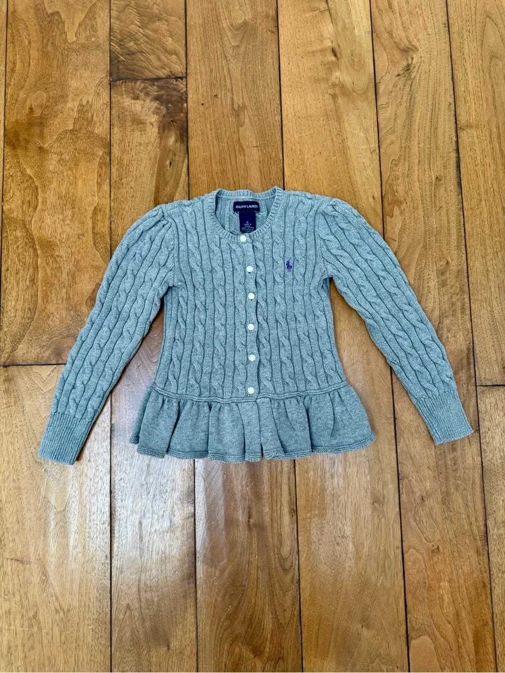 Ralph Lauren Girls Cable Knit Peplum Cardigan Gray Purple Pony Size 6 Cotton
